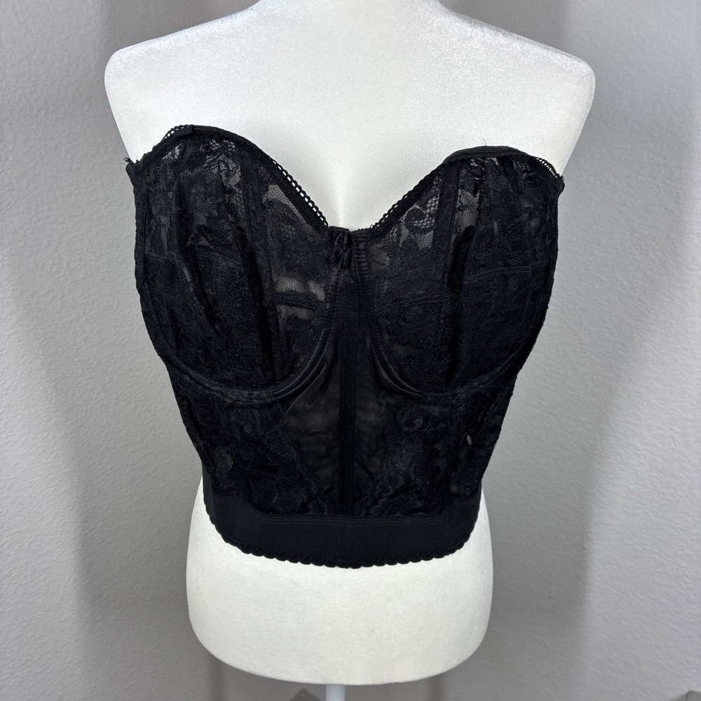 Vintage 80s Bustier Corset 44D Black Floral Lace Underwire Boudoir Lingerie Goth
